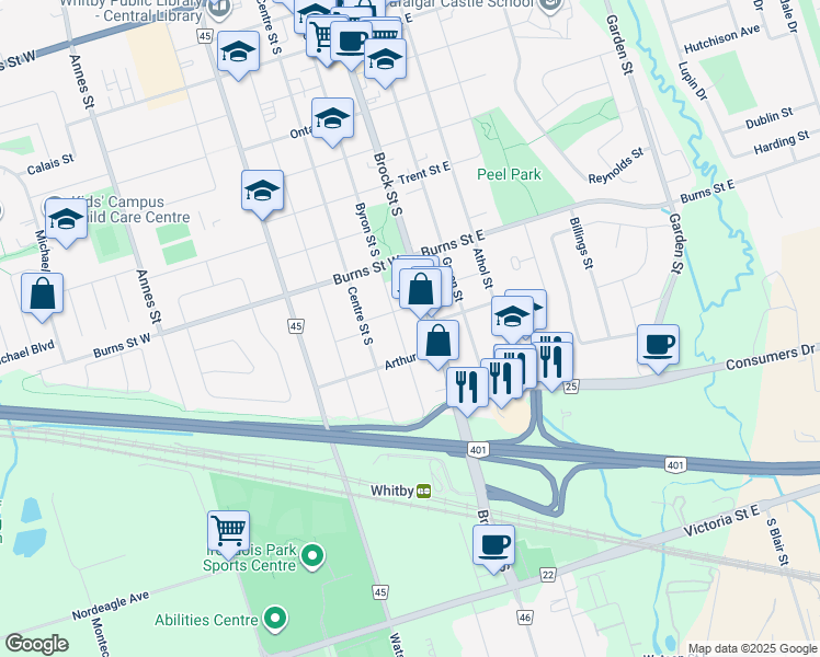 map of restaurants, bars, coffee shops, grocery stores, and more near 1010 Byron Street South in Whitby