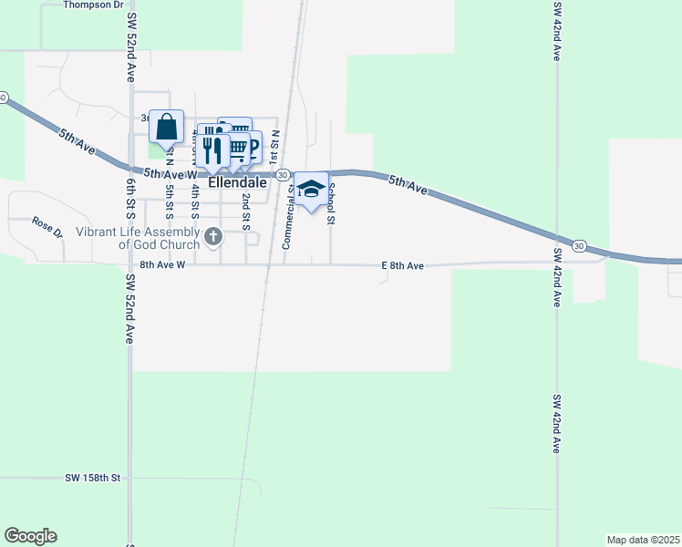 map of restaurants, bars, coffee shops, grocery stores, and more near 199 8th Avenue West in Ellendale