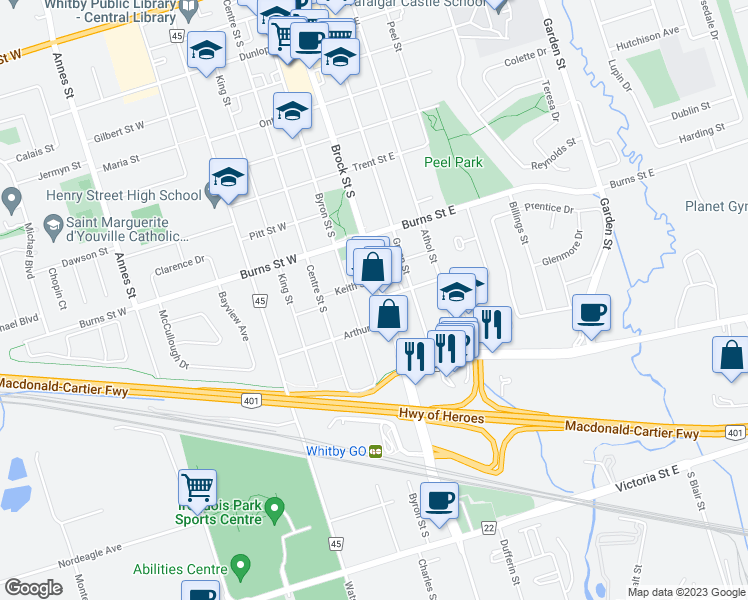 map of restaurants, bars, coffee shops, grocery stores, and more near 1022 Brock Street South in Whitby