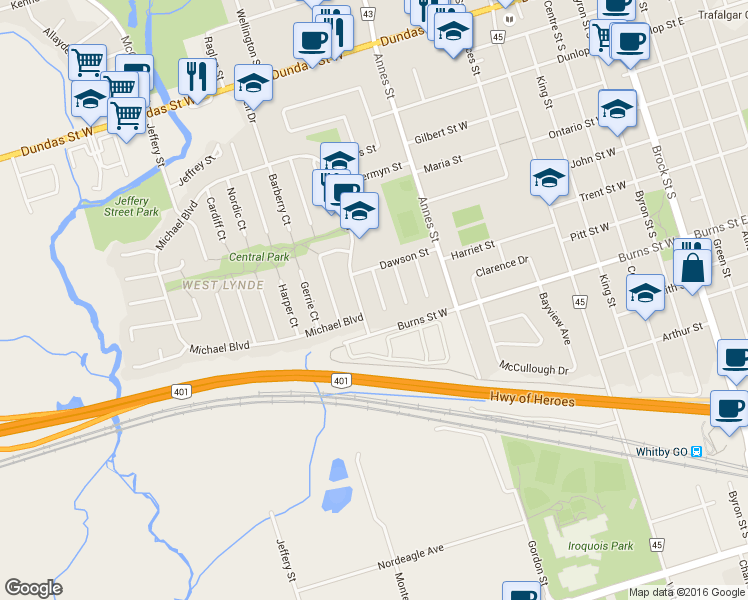 map of restaurants, bars, coffee shops, grocery stores, and more near 210 Michael Boulevard in Whitby