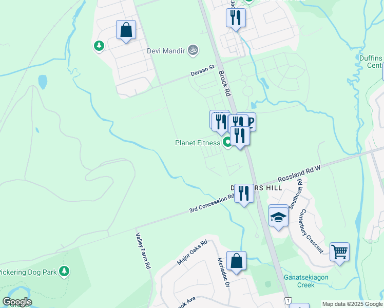 map of restaurants, bars, coffee shops, grocery stores, and more near Concession Road 3 in Pickering