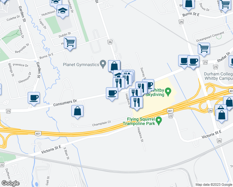 map of restaurants, bars, coffee shops, grocery stores, and more near in Whitby
