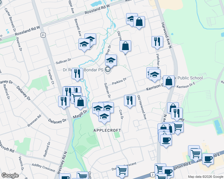 map of restaurants, bars, coffee shops, grocery stores, and more near 32 Locker Drive in Ajax