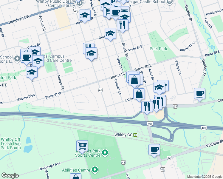 map of restaurants, bars, coffee shops, grocery stores, and more near 917 King Street in Whitby