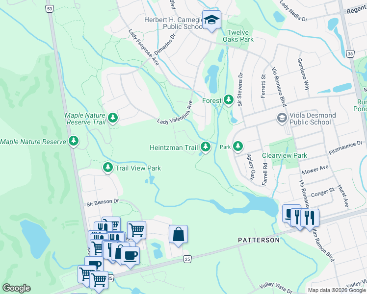 map of restaurants, bars, coffee shops, grocery stores, and more near 67 Heintzman Crescent in Vaughan