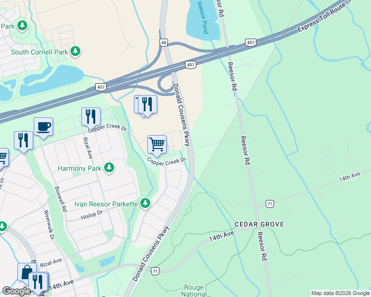 map of restaurants, bars, coffee shops, grocery stores, and more near 65 Carneros Way in Markham