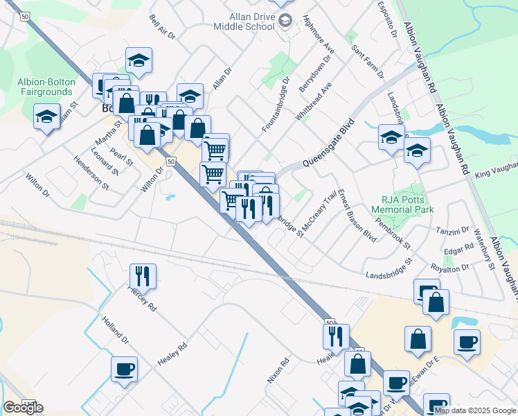 map of restaurants, bars, coffee shops, grocery stores, and more near 1 Queensgate Boulevard in Caledon