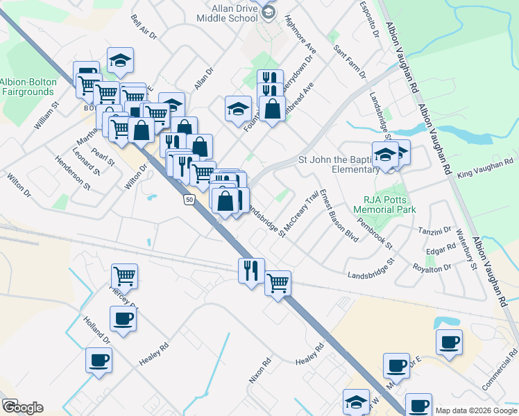 map of restaurants, bars, coffee shops, grocery stores, and more near in Bolton