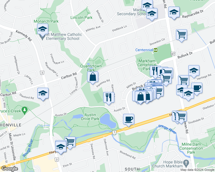 map of restaurants, bars, coffee shops, grocery stores, and more near 74 Raleigh Crescent in Markham
