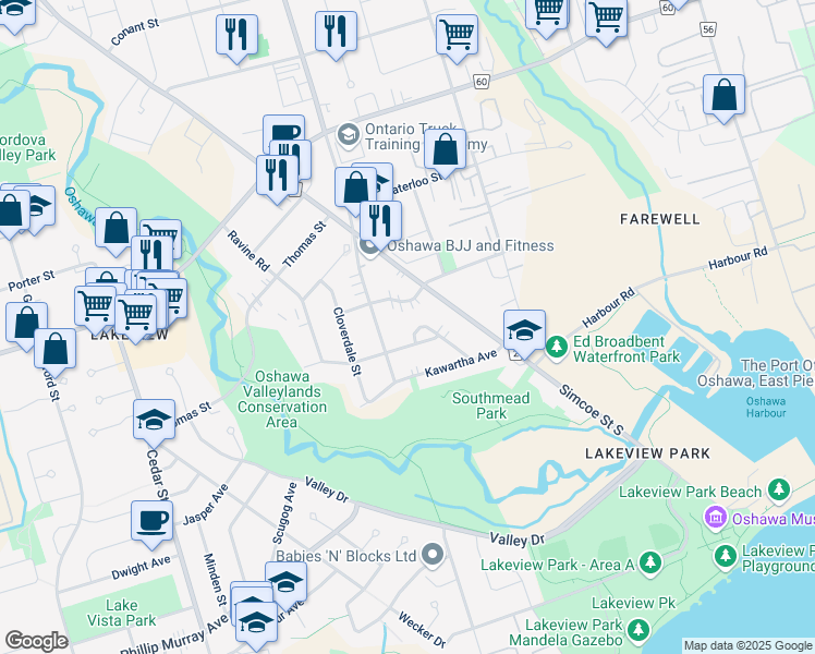 map of restaurants, bars, coffee shops, grocery stores, and more near 1235 Meadowvale Street in Oshawa
