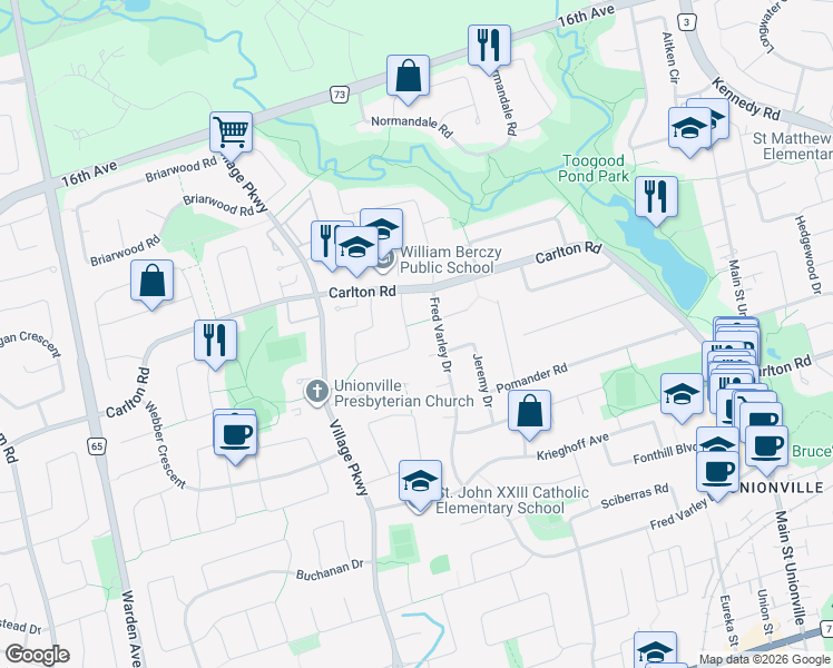 map of restaurants, bars, coffee shops, grocery stores, and more near 68 Chant Crescent in Markham
