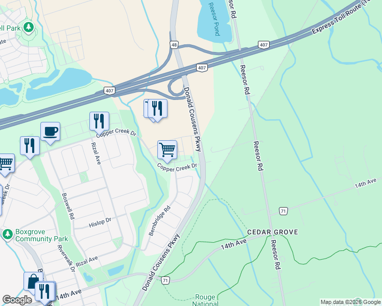 map of restaurants, bars, coffee shops, grocery stores, and more near 76 Carneros Way in Markham