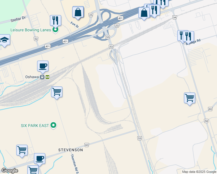 map of restaurants, bars, coffee shops, grocery stores, and more near 880 Stevenson Road South in Oshawa