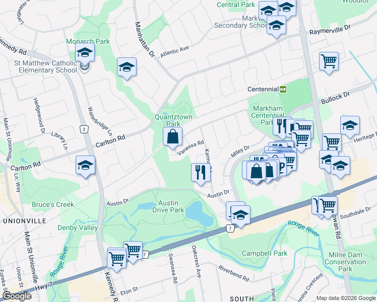 map of restaurants, bars, coffee shops, grocery stores, and more near in Markham