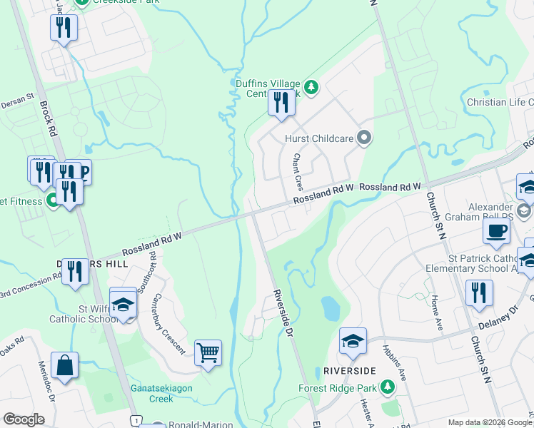 map of restaurants, bars, coffee shops, grocery stores, and more near 22 Coates of Arms Lane in Ajax