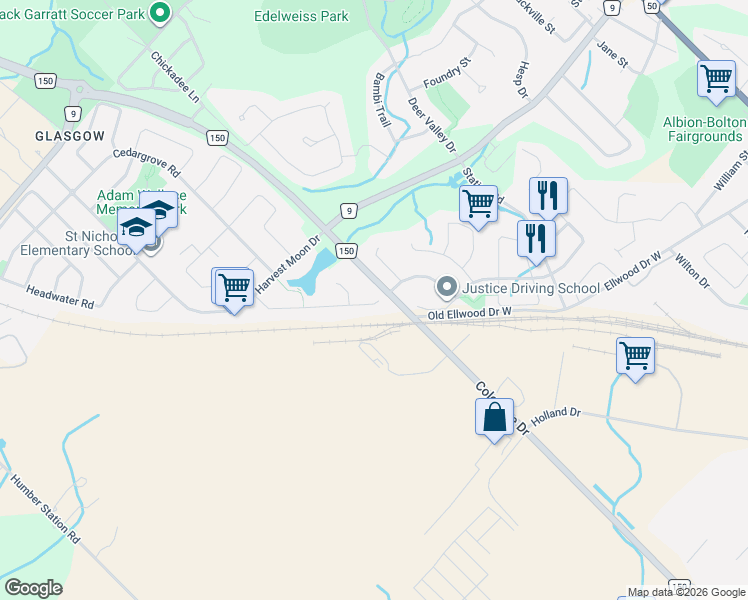 map of restaurants, bars, coffee shops, grocery stores, and more near 111 Grapevine Road in Caledon