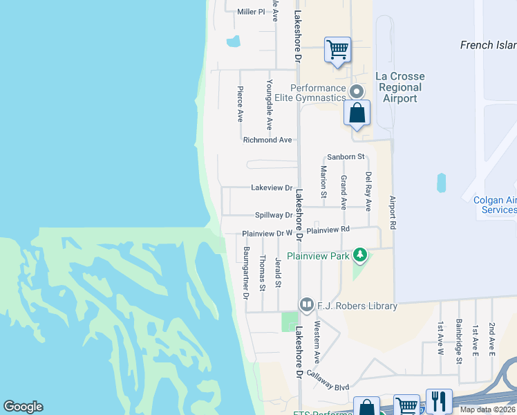 map of restaurants, bars, coffee shops, grocery stores, and more near 810 Lakeview Drive in La Crosse