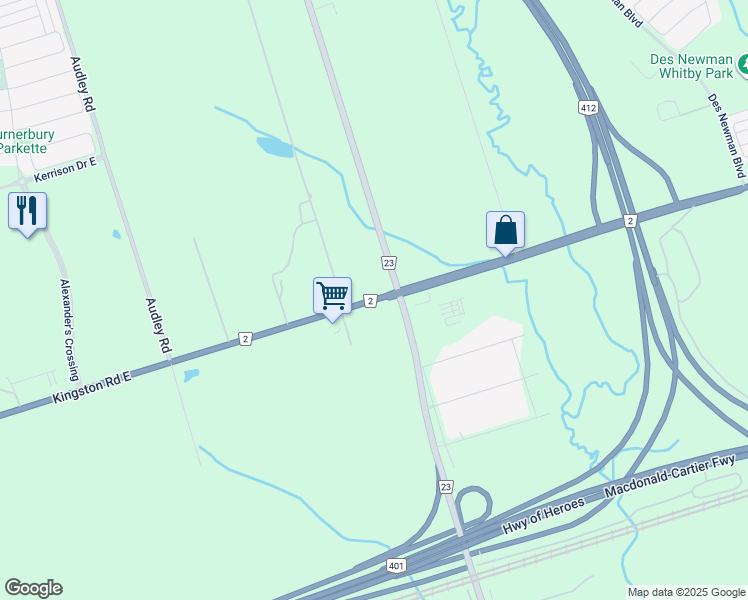 map of restaurants, bars, coffee shops, grocery stores, and more near 1294 Kingston Road East in Ajax