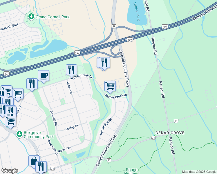map of restaurants, bars, coffee shops, grocery stores, and more near in Markham