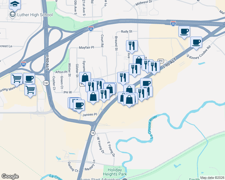 map of restaurants, bars, coffee shops, grocery stores, and more near 728 Braund Street in Onalaska
