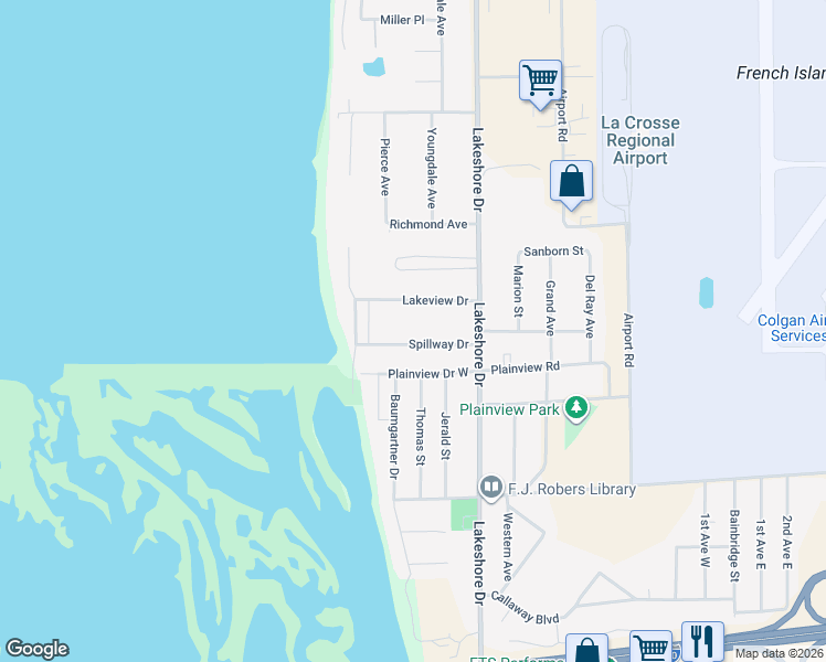 map of restaurants, bars, coffee shops, grocery stores, and more near 810 Lakeview Drive in La Crosse