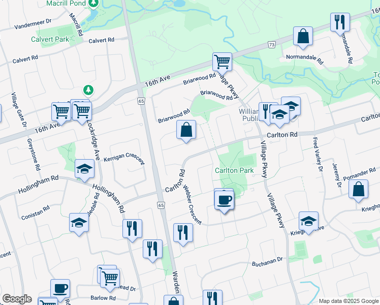 map of restaurants, bars, coffee shops, grocery stores, and more near 40 Carlton Road in Markham