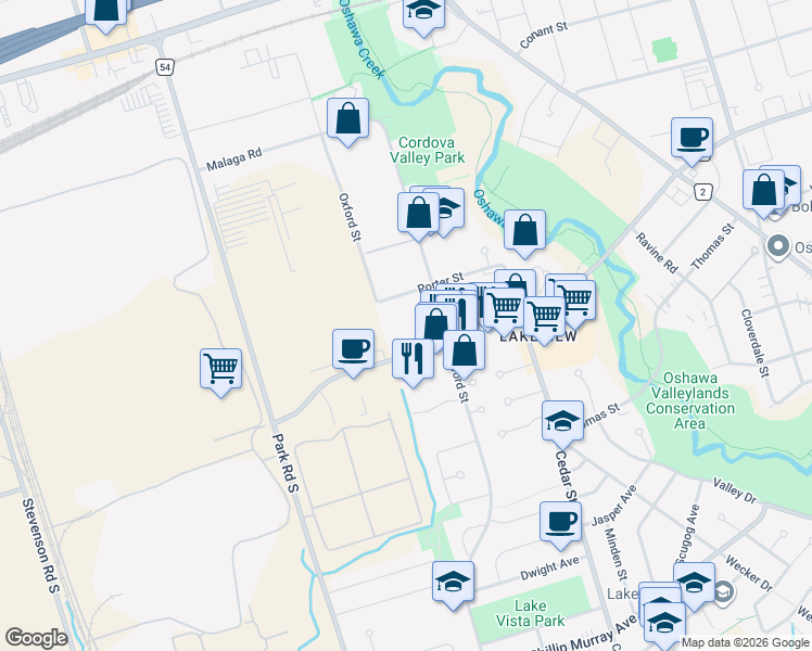 map of restaurants, bars, coffee shops, grocery stores, and more near 1010 Glen Street in Oshawa