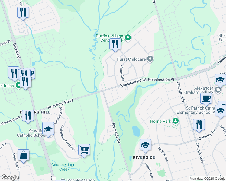 map of restaurants, bars, coffee shops, grocery stores, and more near 9 Coates of Arms Lane in Ajax