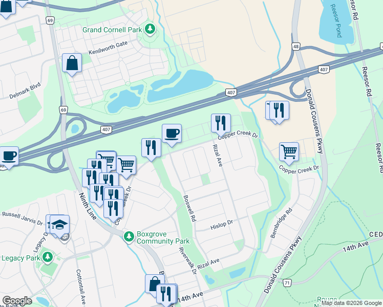 map of restaurants, bars, coffee shops, grocery stores, and more near 80 Geddington Crescent in Markham