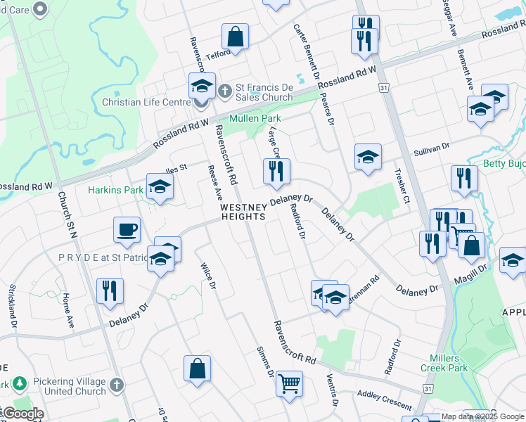map of restaurants, bars, coffee shops, grocery stores, and more near 204 Delaney Drive in Ajax