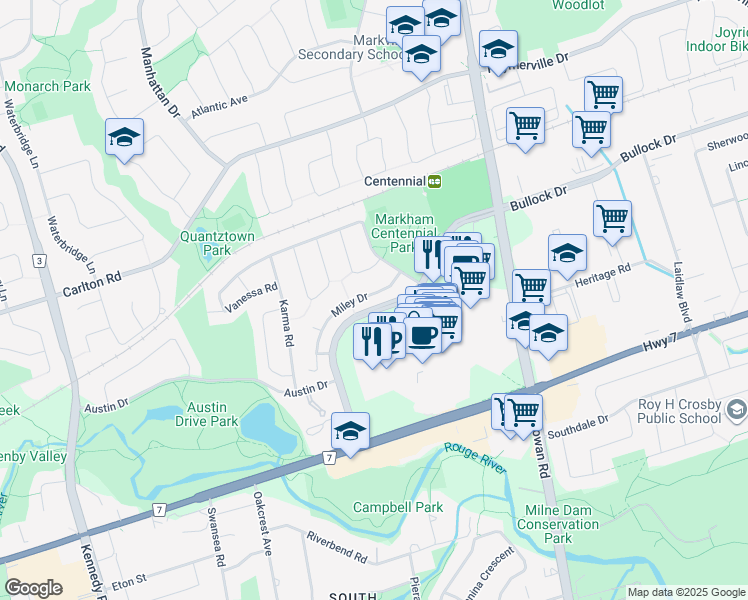 map of restaurants, bars, coffee shops, grocery stores, and more near 31 Miley Drive in Markham