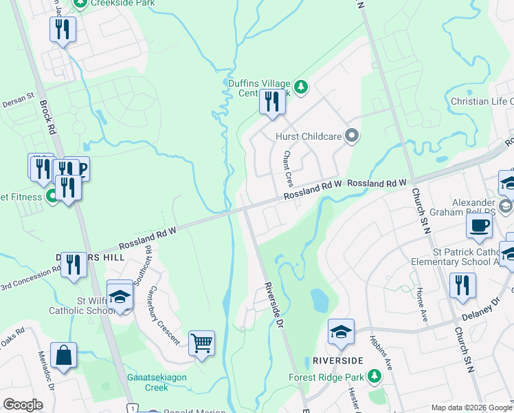 map of restaurants, bars, coffee shops, grocery stores, and more near 22 Coates of Arms Lane in Ajax