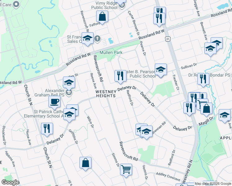 map of restaurants, bars, coffee shops, grocery stores, and more near 200 Delaney Drive in Ajax