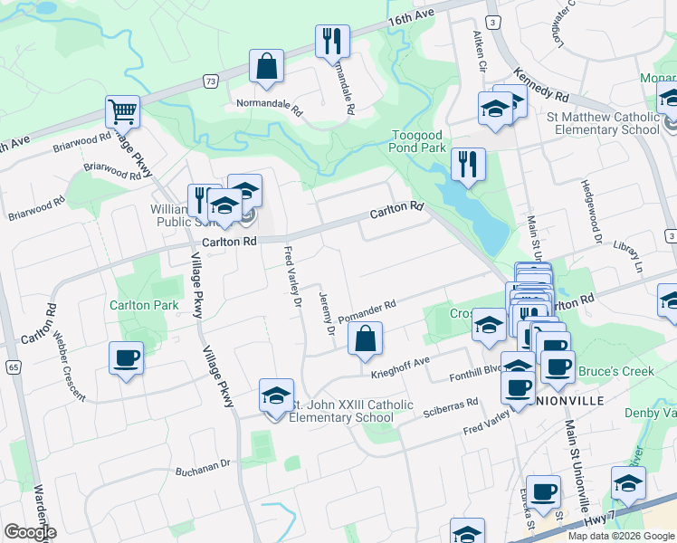 map of restaurants, bars, coffee shops, grocery stores, and more near 18 Emily Carr Street in Markham