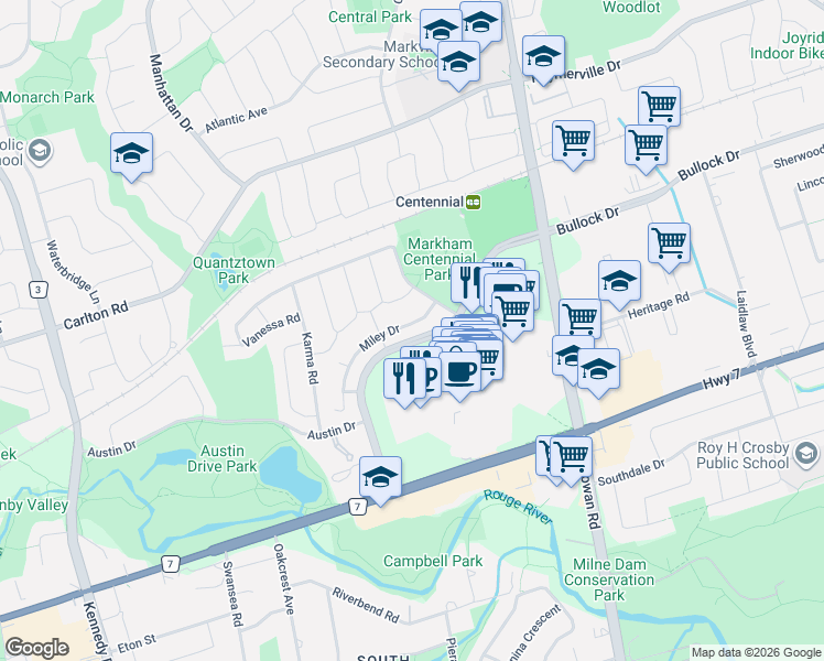 map of restaurants, bars, coffee shops, grocery stores, and more near 27 Miley Drive in Markham