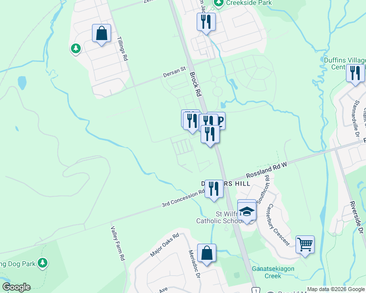 map of restaurants, bars, coffee shops, grocery stores, and more near 2460 Brock Road in Pickering