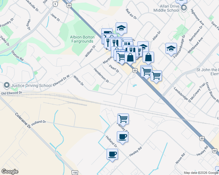map of restaurants, bars, coffee shops, grocery stores, and more near 117 Stephen Drive in Caledon