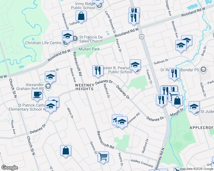 map of restaurants, bars, coffee shops, grocery stores, and more near 129 Radford Drive in Ajax