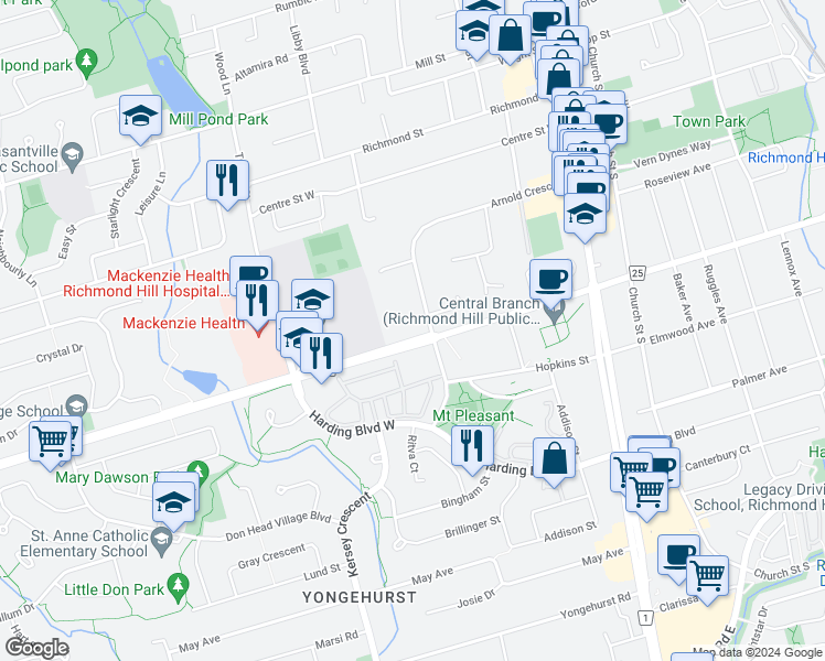 map of restaurants, bars, coffee shops, grocery stores, and more near 210 Major Mackenzie Drive West in Richmond Hill