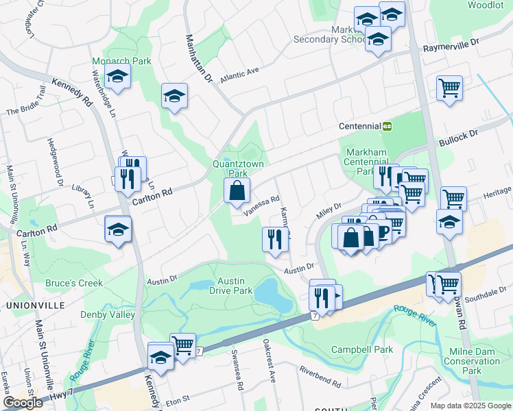 map of restaurants, bars, coffee shops, grocery stores, and more near Vanessa Road in Markham
