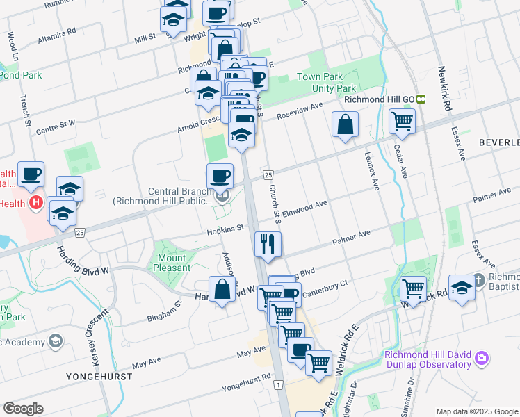 map of restaurants, bars, coffee shops, grocery stores, and more near in Richmond Hill