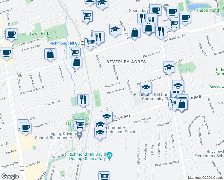 map of restaurants, bars, coffee shops, grocery stores, and more near 299 Boisdale Avenue in Richmond Hill