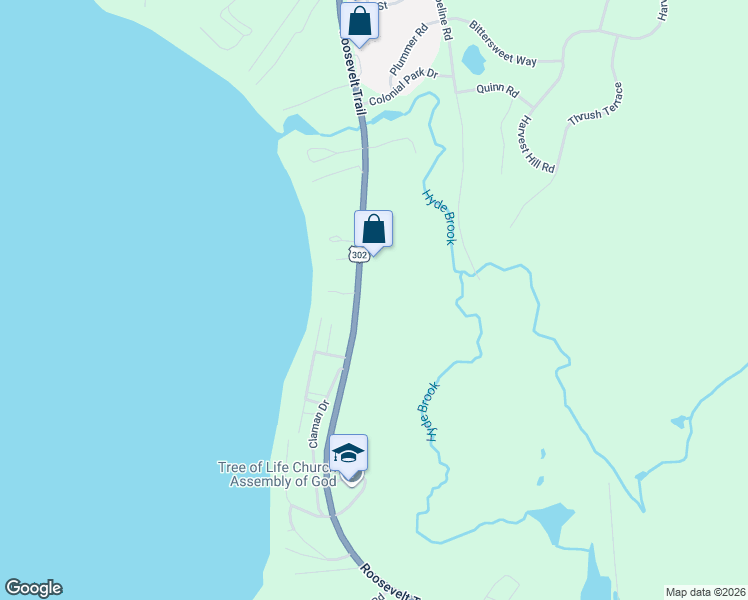map of restaurants, bars, coffee shops, grocery stores, and more near 1099 Roosevelt Trail in Windham