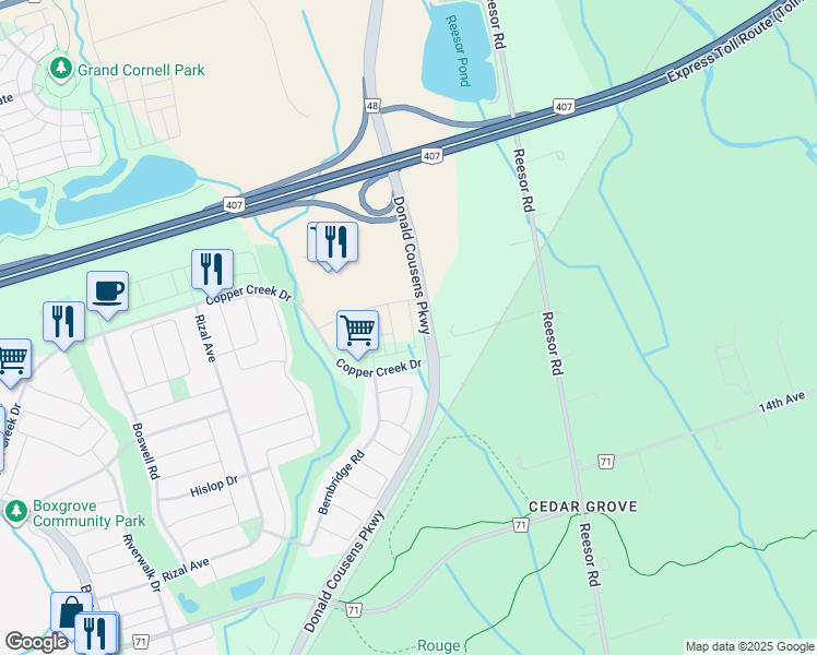 map of restaurants, bars, coffee shops, grocery stores, and more near 590 Copper Creek Drive in Markham