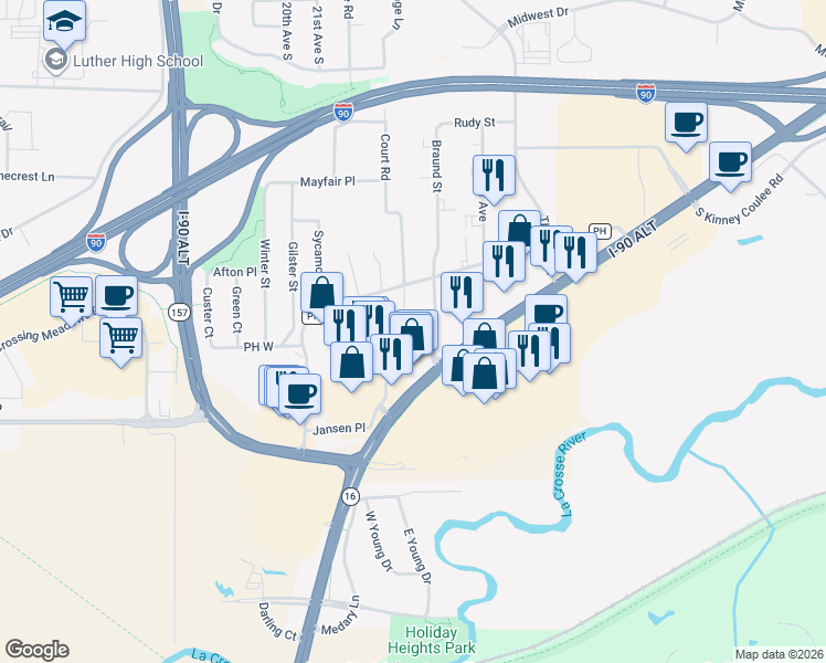 map of restaurants, bars, coffee shops, grocery stores, and more near 728 Braund Street in Onalaska