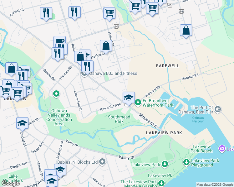 map of restaurants, bars, coffee shops, grocery stores, and more near in Oshawa