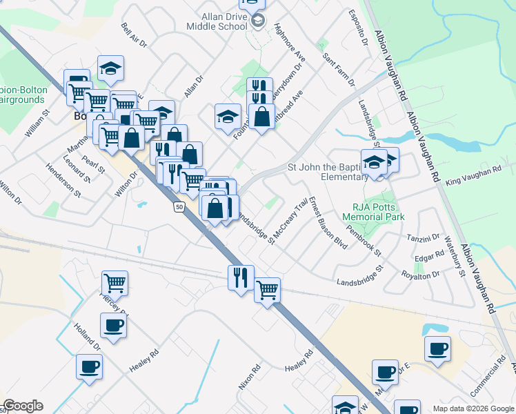 map of restaurants, bars, coffee shops, grocery stores, and more near 69 Wood Circle in Bolton