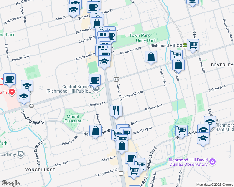 map of restaurants, bars, coffee shops, grocery stores, and more near 182 Church Street South in Richmond Hill