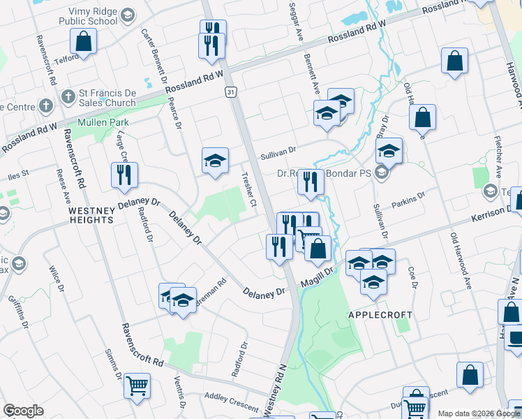 map of restaurants, bars, coffee shops, grocery stores, and more near 37 Brockman Crescent in Ajax