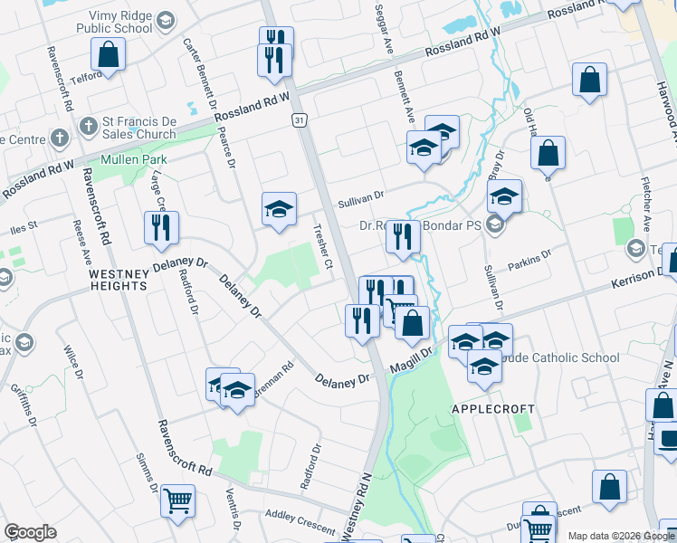 map of restaurants, bars, coffee shops, grocery stores, and more near 37 Brockman Crescent in Ajax